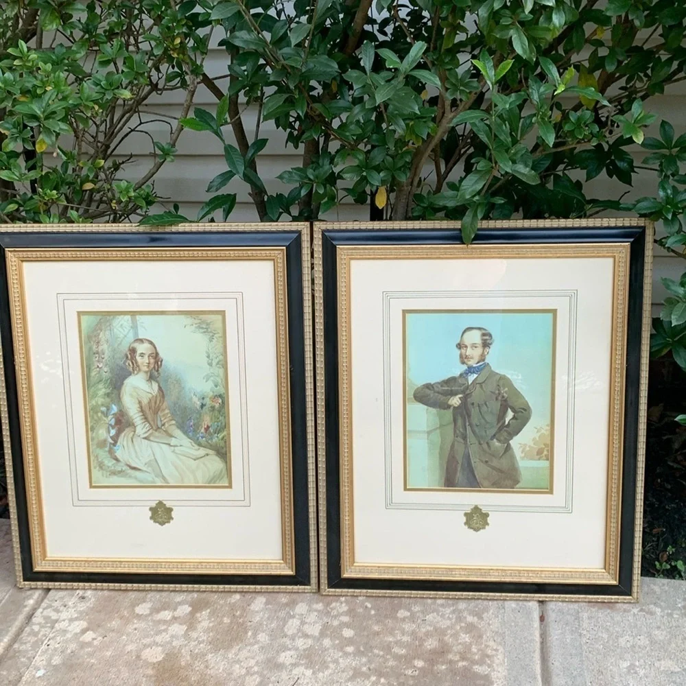 Antique Framed Art Print Portraits set of 2‎ women men Victorian gold leaf black